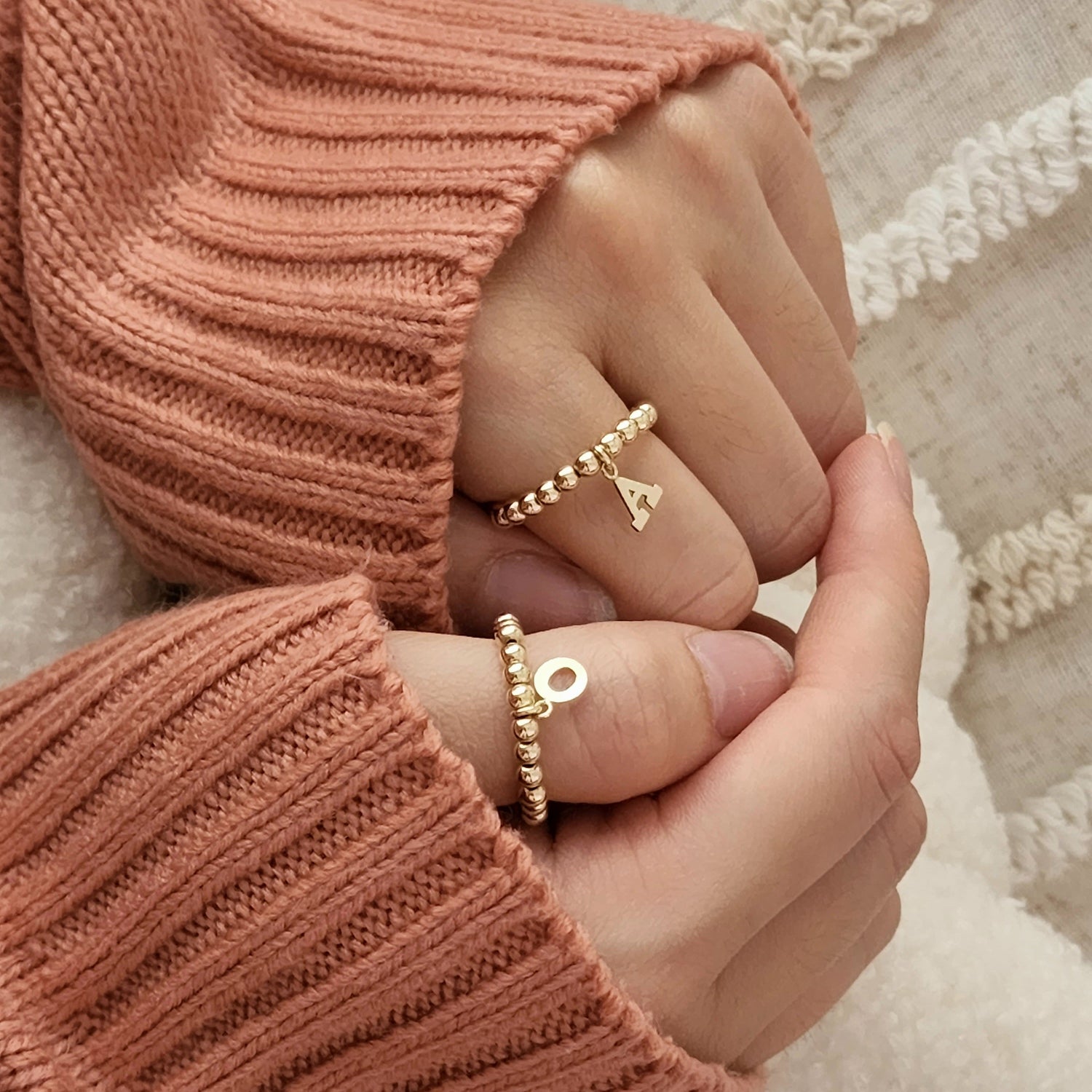 Letter Charm Beaded Ring Gold
