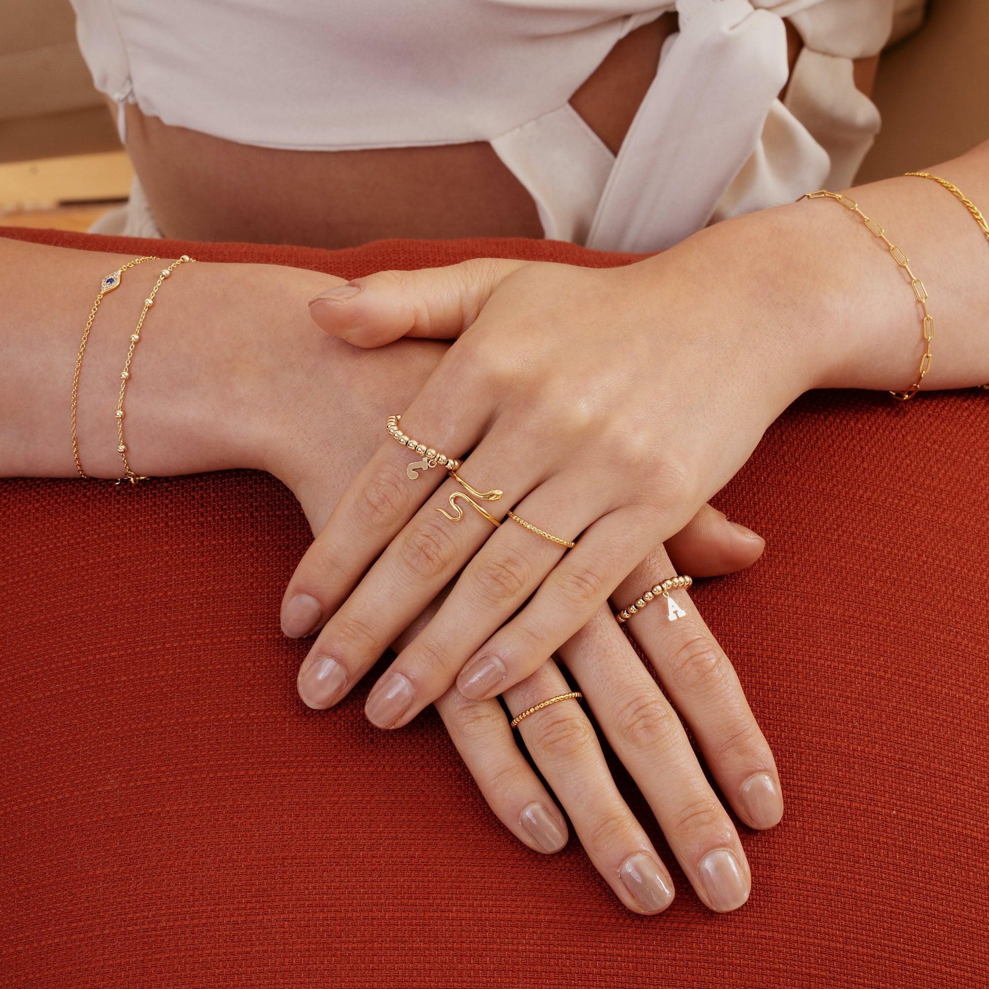Letter Charm Beaded Ring Gold