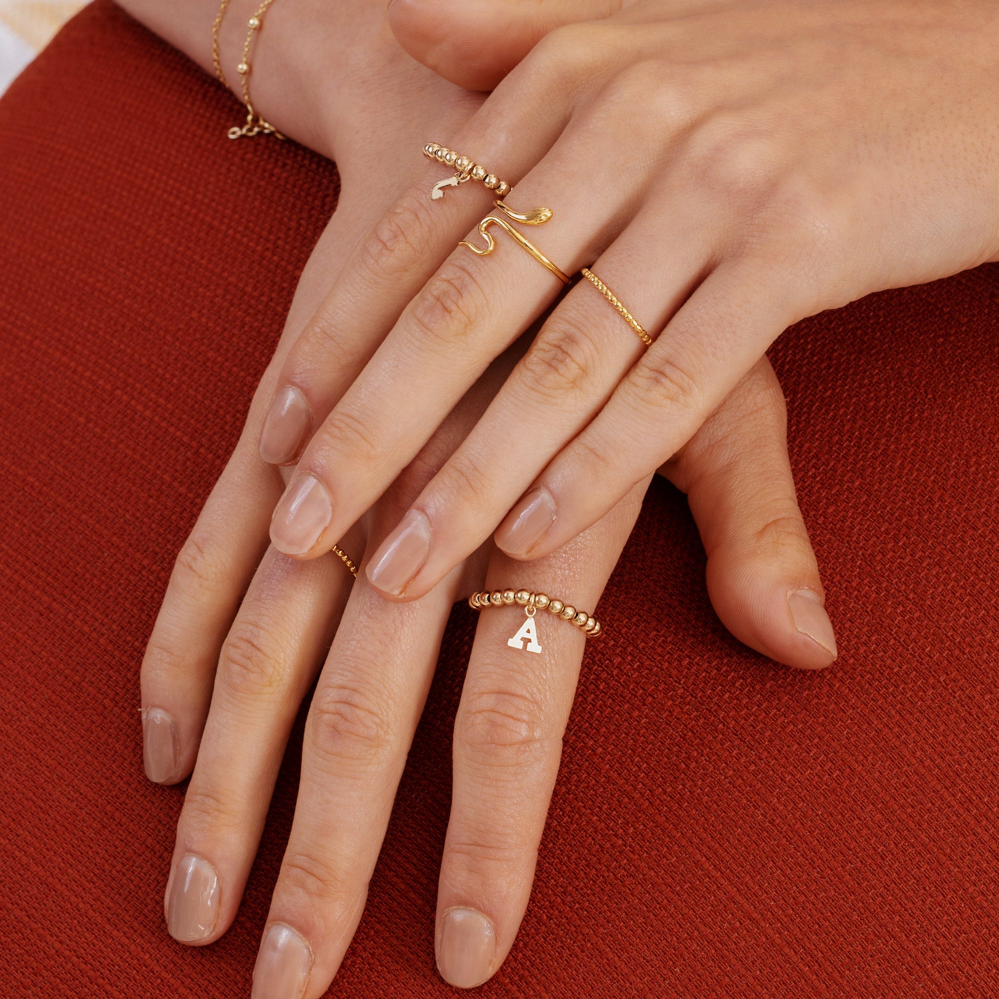 Letter Charm Beaded Ring Gold