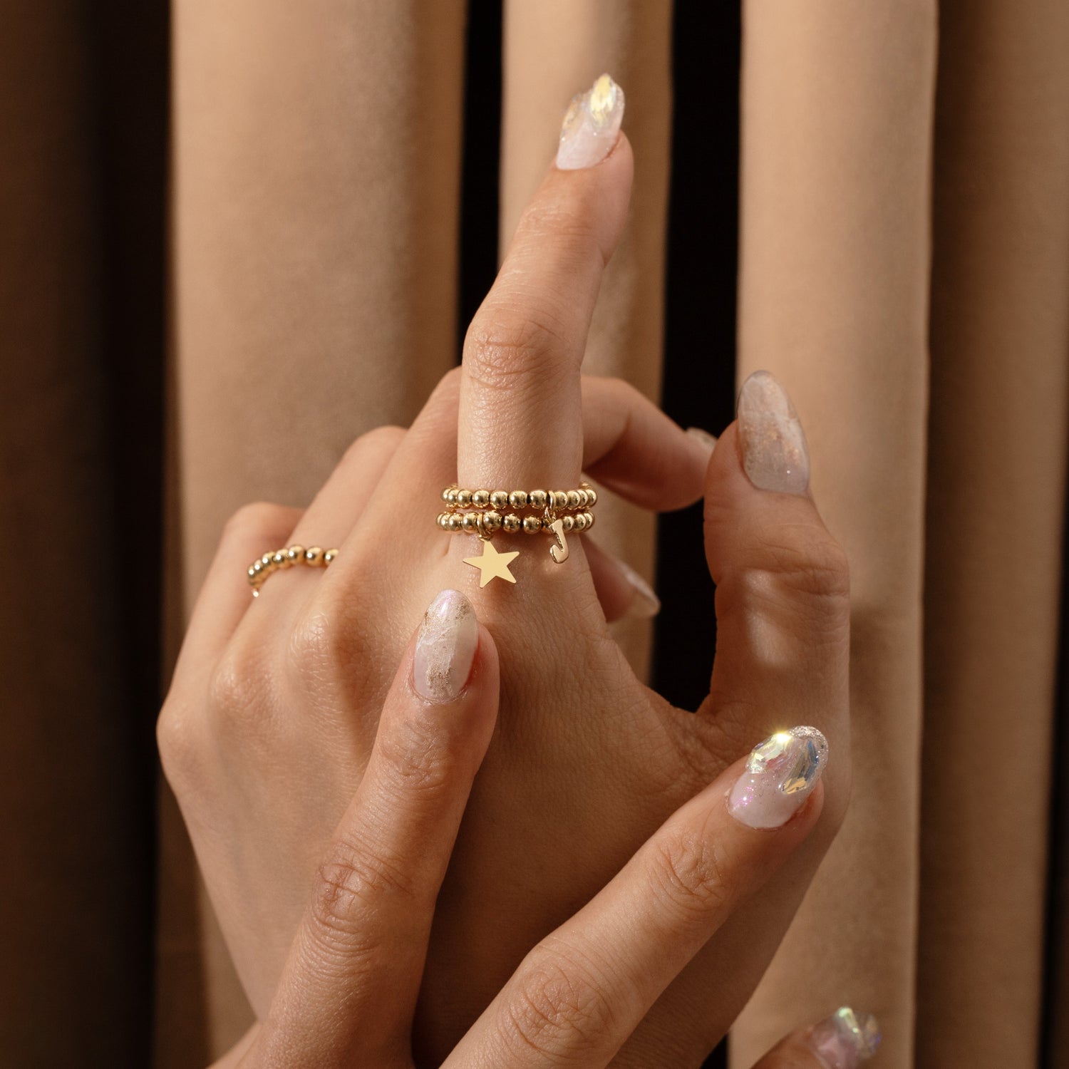 Letter Charm Beaded Ring Gold